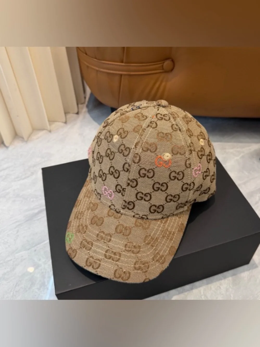 Gucci Kids Beige GG Monogram Baseball Cap with Multicolor Embroidery